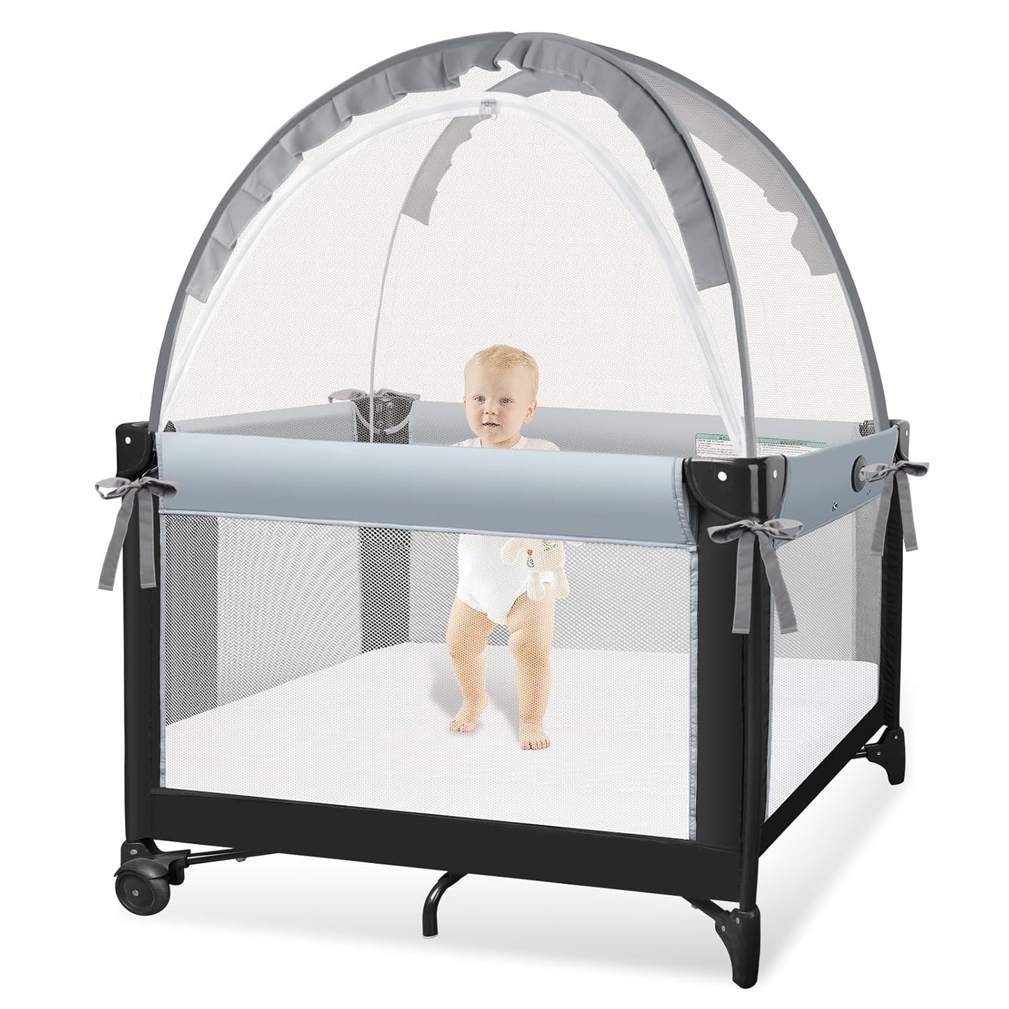 Pack N Play Tent - Mini Crib Tent to Keep Baby from Climbing Out - Crib Net to Keep Baby in - Pop Up Breathable Cribs Cover - Canopy with Upgrade Strong Mesh and Durable Zipper (Gray, Small)