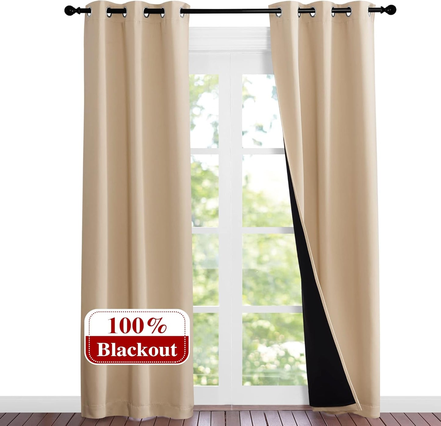NICETOWN Living Room Completely Shaded Draperies, Privacy Protection & Noise Reducing Black Lined Insulated Window Treatment Curtain Panels for Patio Door (Set of 2 Pcs, W37 x L84, Biscotti Beige)