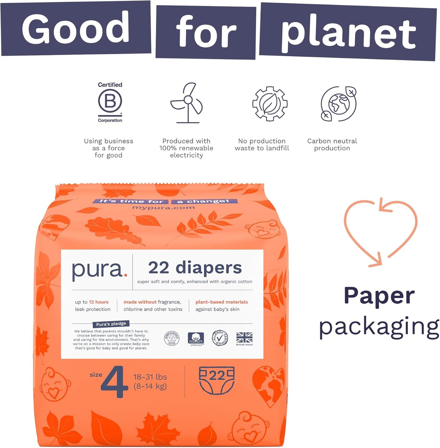 Pura Size 4 Eco-Friendly Diapers (18-31lbs) Totally Chlorine Free (TCF) Hypoallergenic, Soft Organic Cotton, Sustainable Comfort, up to 12 Hours Leak Protection, Allergy UK, 22 Diapers (Pack of 1)