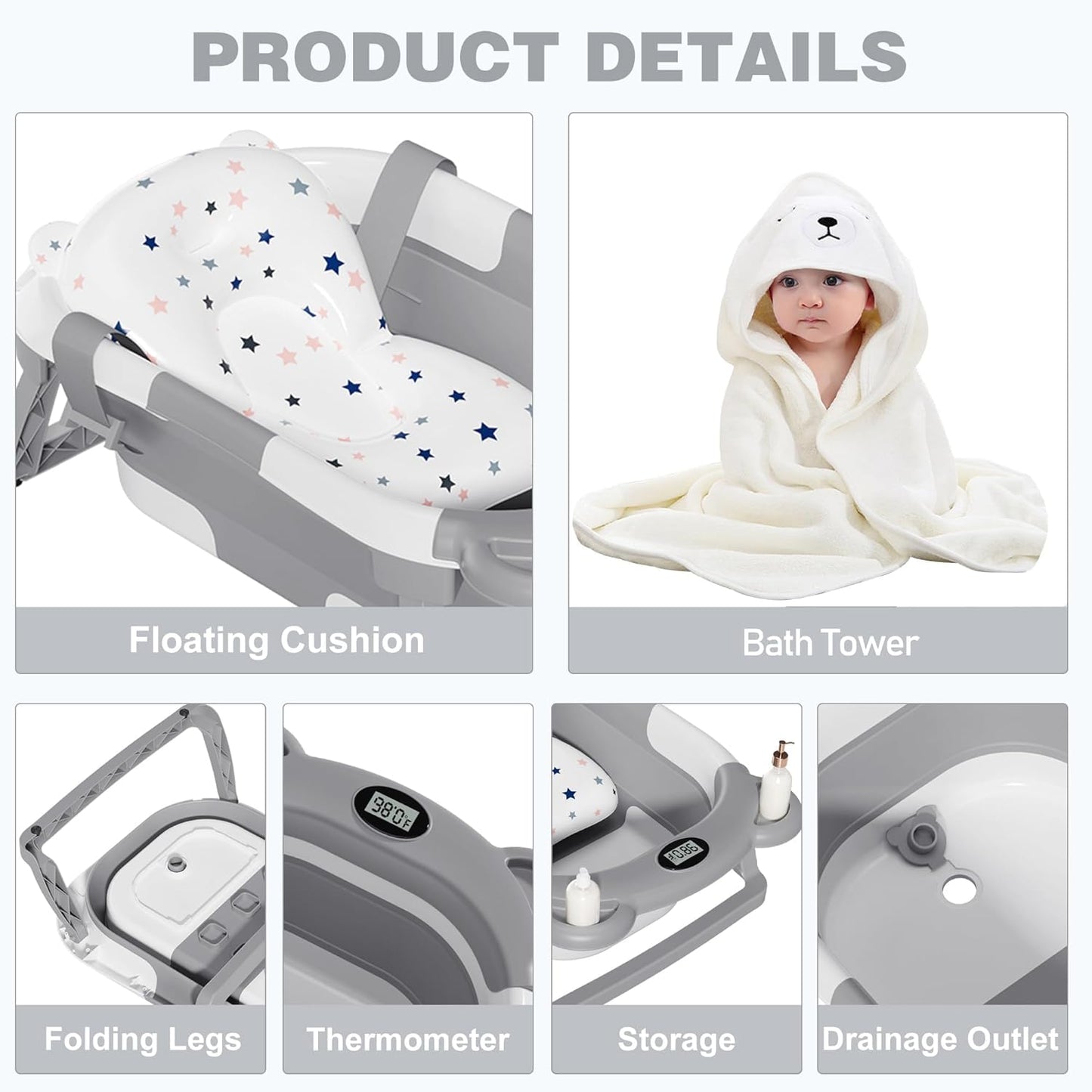 MoreFeel Collapsible Baby Bathtub for Newborn with Thermometer & 1 Hooded Towel & 1 Soft Floating Cushion,Portable Travel Bathtub with Drain Hole, Durable Foldable Baby Tubs for Infants to Toddler