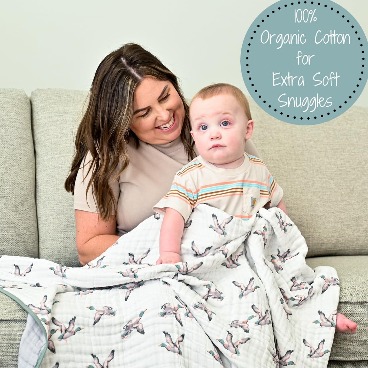 LollyBanks Muslin Baby Blanket 100% Organic Cotton, Muslin Quilt Lightweight, Toddler Blanket for Boys and Girls, 6 Layers Baby Blankets 47"x 47", Soft Nursery Receiving Blankets (Duck Print)