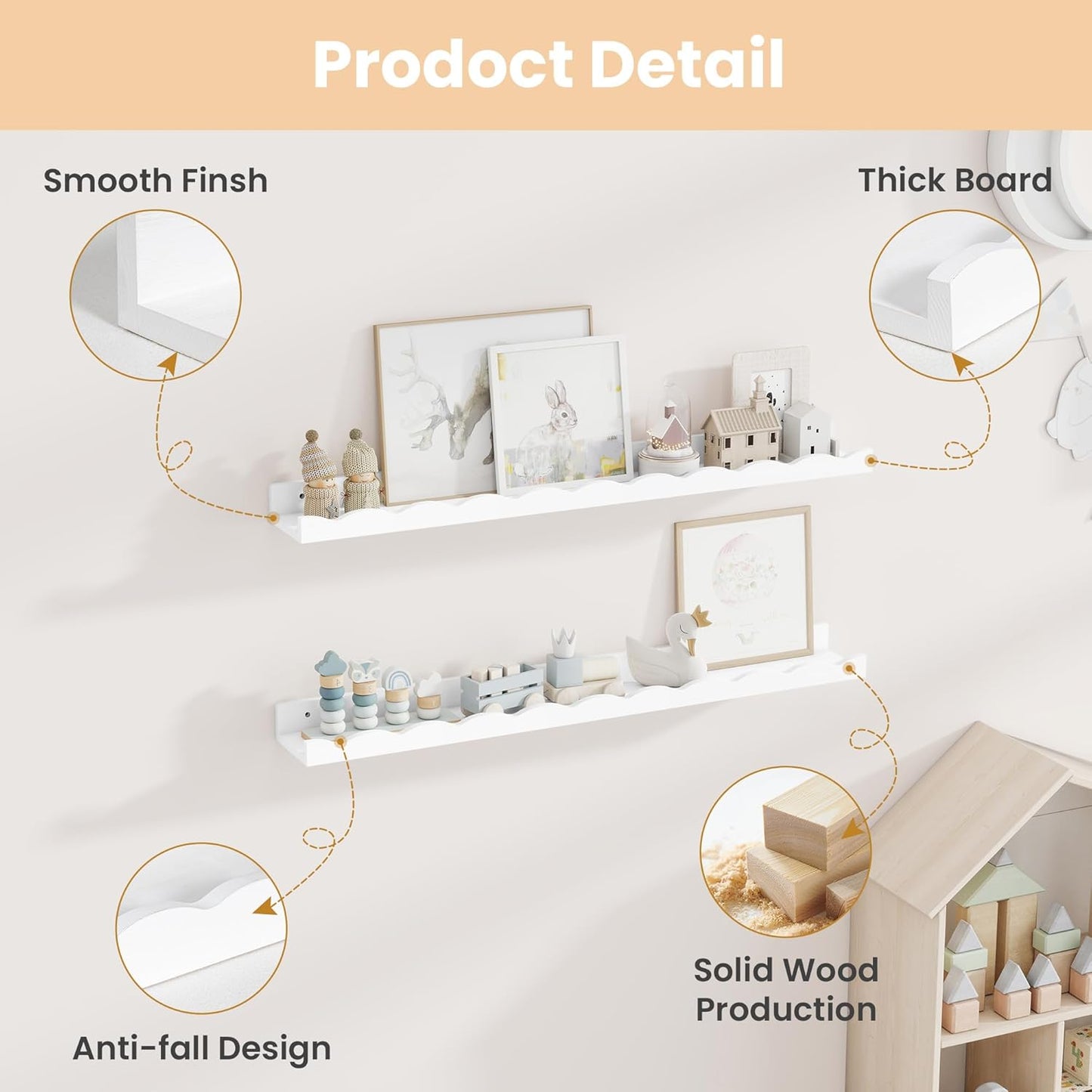 Fun Memories Picture Ledge Shelf for Wall, 36 inch Pine Wood Nursery Book Shelves Set of 2- Wall Book Shelves for Kids Room, Home Decor - Kitchen Spice-White