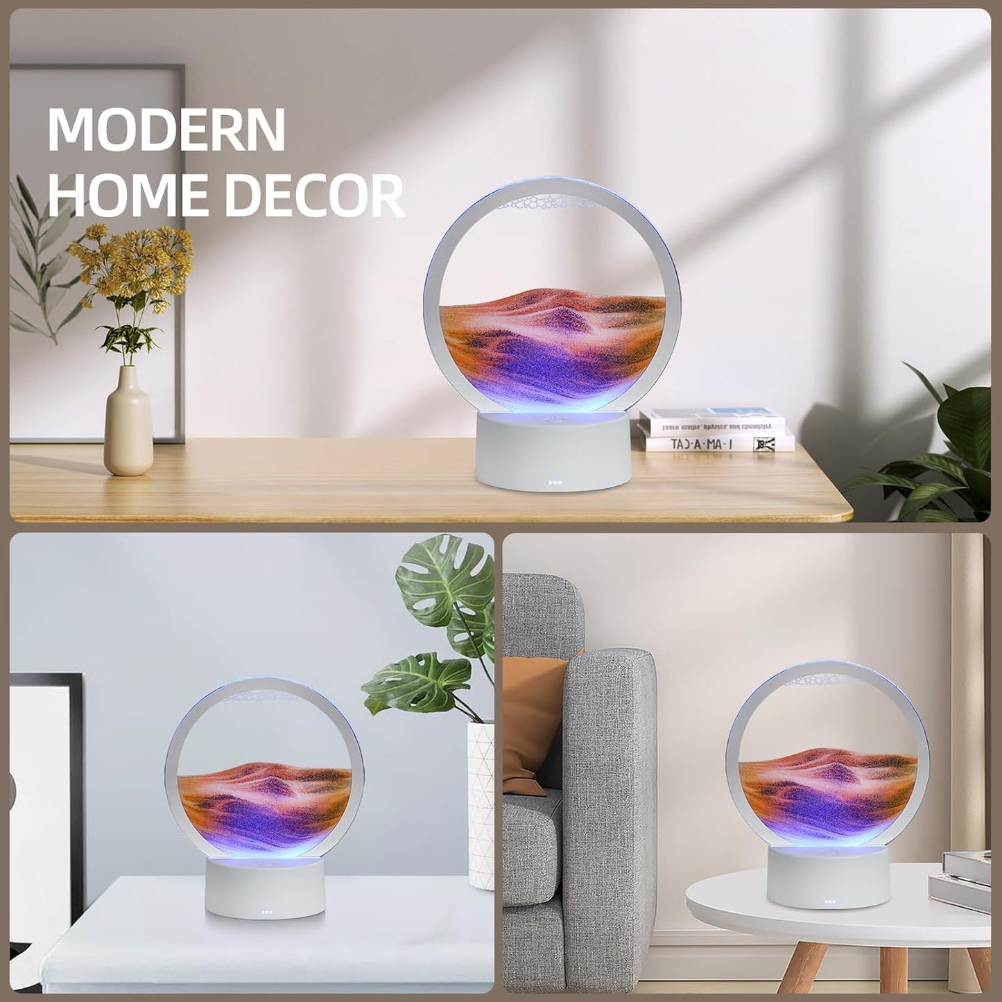 KPNUWN Moving Sand Art Liquid Motion, 3D Deep Sea Sandscape Color Quicksand Decor, Round Glass Moving Sand Art Picture Relaxing Desktop Home Office Work Decor (7 inch-Orange Light)