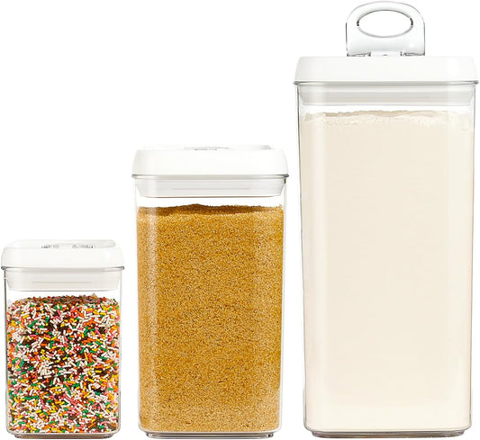 Felli Flip Tite Acrylic Food Storage Container with Lid 6” XL Air Tight Ring Seal Flip Top, Plastic Kitchen Baking Canister for 5 lb Flour Sugar Rice Protein Powder Pantry Organizer (Nest-M, White)