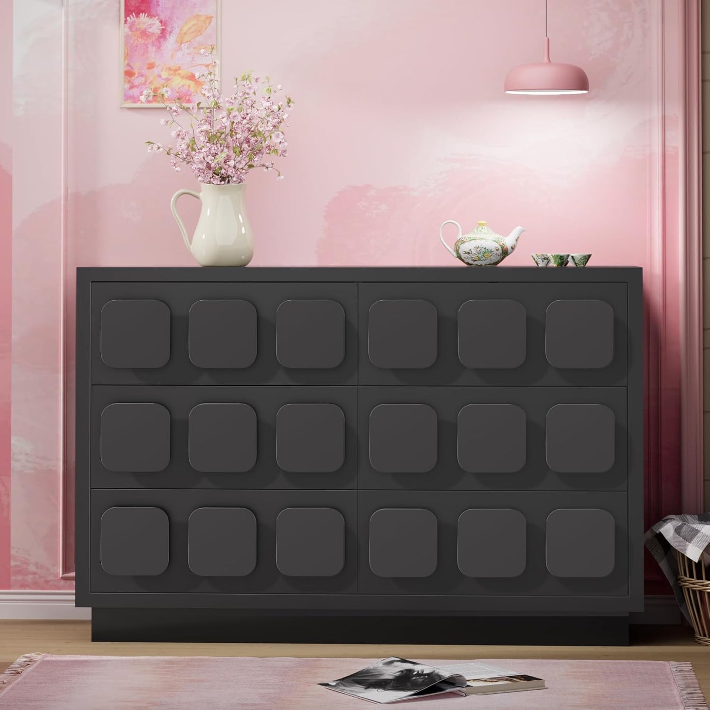 Anbuy Black Baby Dresser for Bedroom, Dresser for Baby with 6 Drawers, Storage and Organization Unit with Square Handles, for Nursery, Kids