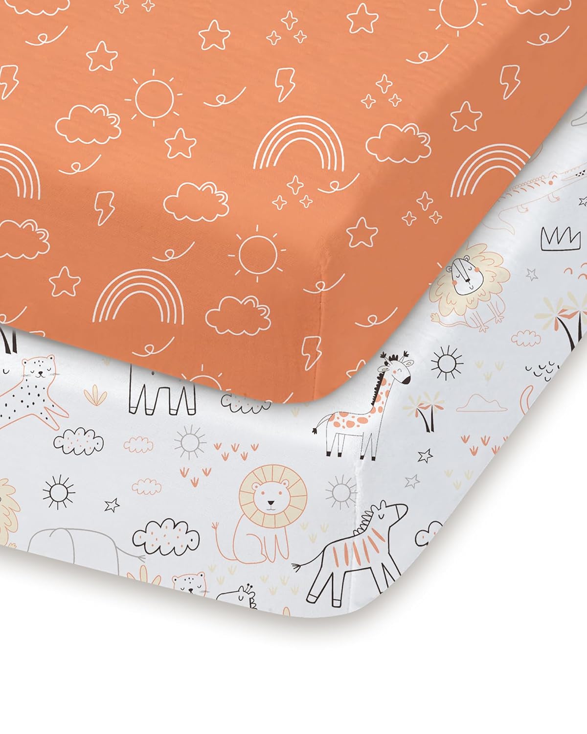 Pack and Play Sheets Fitted, Ultra Soft Orange Cloud and Rainbow Design, Breathable and Soothing, Hypoallergenic, 2 Pack for Baby Boys and Girls
