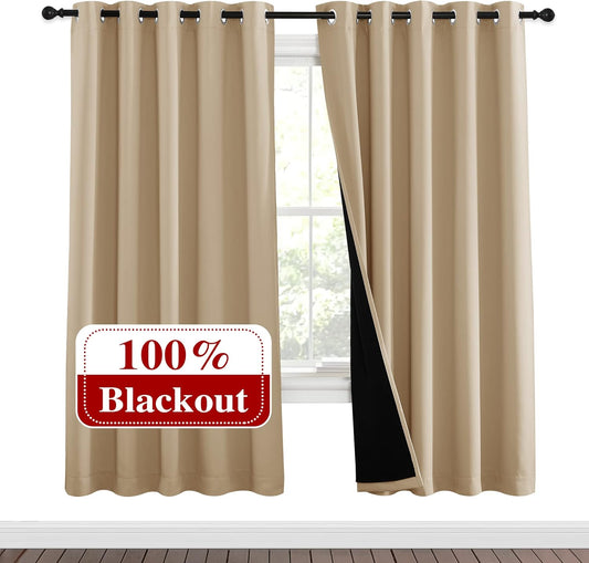 NICETOWN Living Room Completely Shaded Draperies, Privacy Protection & Noise Reducing Ring Top Drapes, Black Lined Insulated Window Treatment Curtain Panels(Biscotti Beige, 2 Pieces, W62 x L72)