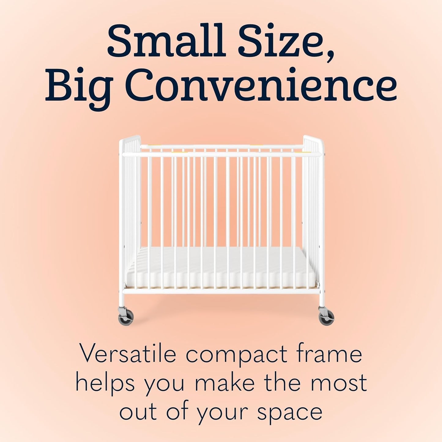 Foundations Chelsea Clearview Metal Compact Daycare Crib, 3" Casters, Compact Mini Size, Easy to Clean Durable Finish, Adjustable to Two Heights Mattress Board (White)