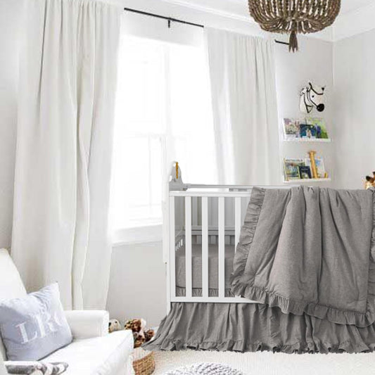 Brandream Baby Crib Bedding Set for Girls Boys Gender Neutral Boho Bohemian Farmhouse Chic Ruffle 6-Piece Nursery Bedding Set - 100% Washed Cotton Gray Grey