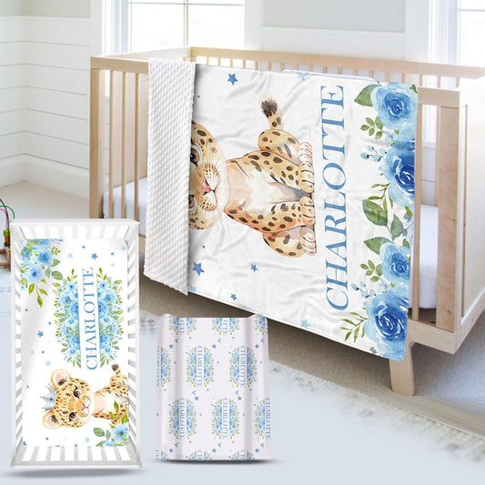 Custom Name Crib Bedding Set - Blue Floral Leopard Pattern, Personalized Nursery Bedding 3-Piece Set– Soft Blanket, Fitted Sheet, Changing Pad Cover – for Newborns Girls Nursery Gifts