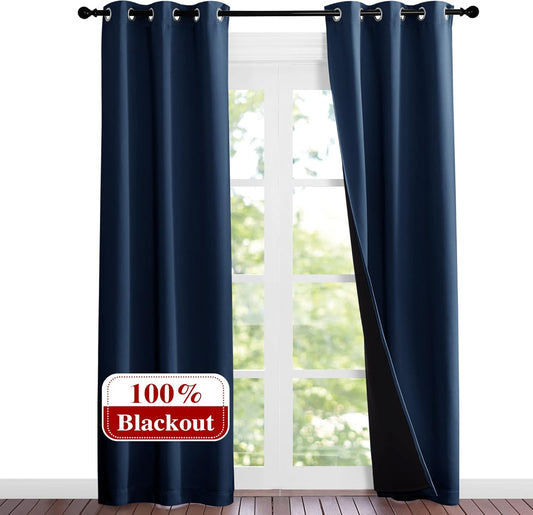 NICETOWN Complete 100% Blackout Curtain Set, Thermal Insulated & Energy Efficiency Window Draperies for Guest Room, Full Shading Panels for Shift Worker and Light Sleepers, Navy Blue, 37W x 84L, 2 Pcs