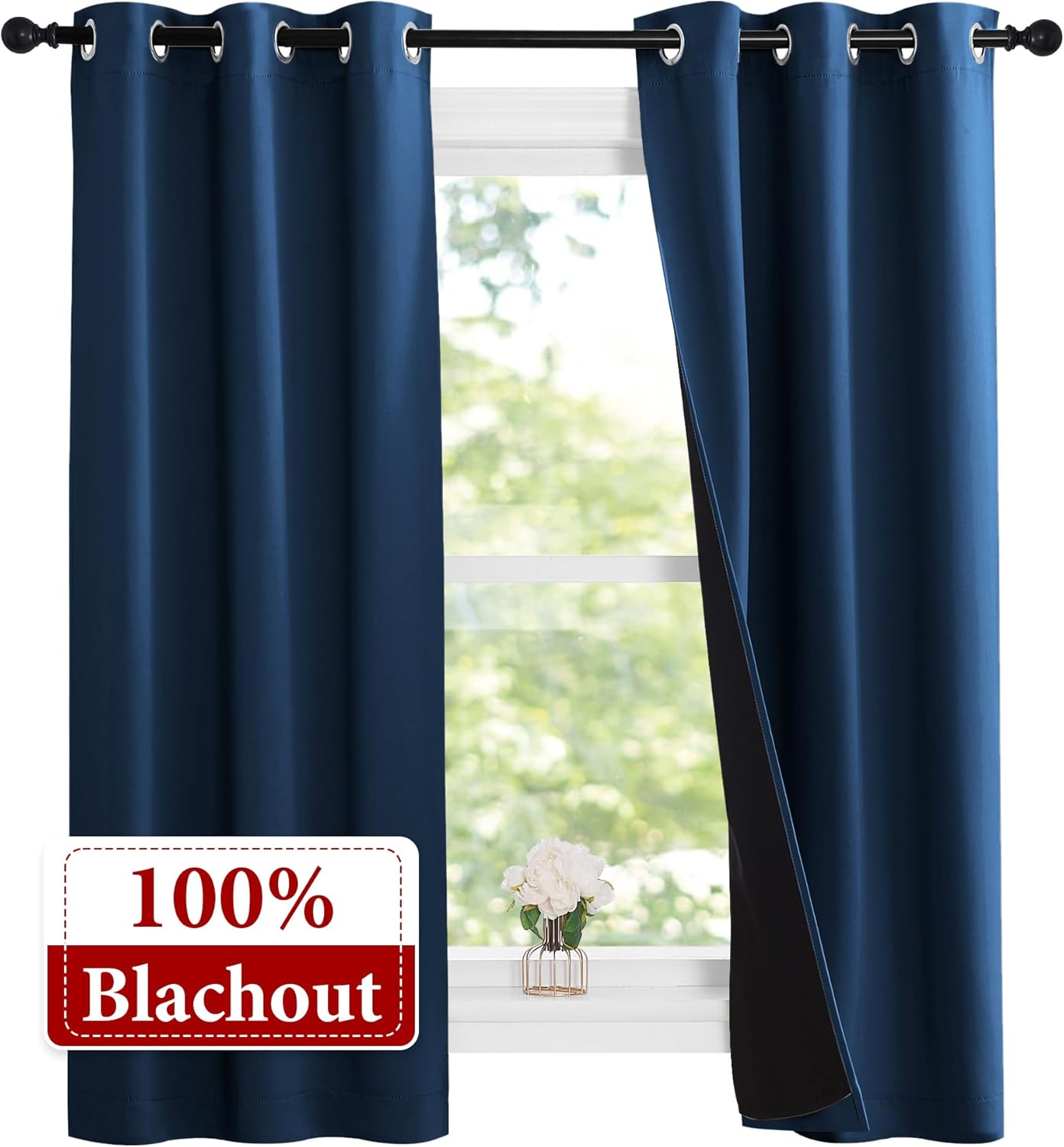 NICETOWN 100% Blackout Short Curtains with Black Liners, 2 Panels, 37" W by 50" L, Moroccan Blue, Thermal Insulated Full Blackout 2-Layer Lined Drapes, Energy Efficiency Window Draperies for Bedroom