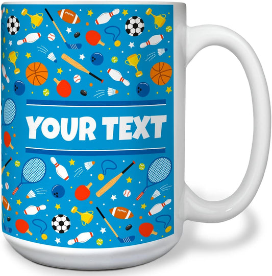 Personalized Mug for Kids - Sports - Custom Name/Text, Ceramic Hot Chocolate/Cocoa/Coffee Cup for Boys/Girls, Birthday/Christmas/Holiday Gift - 15 oz, White Handle