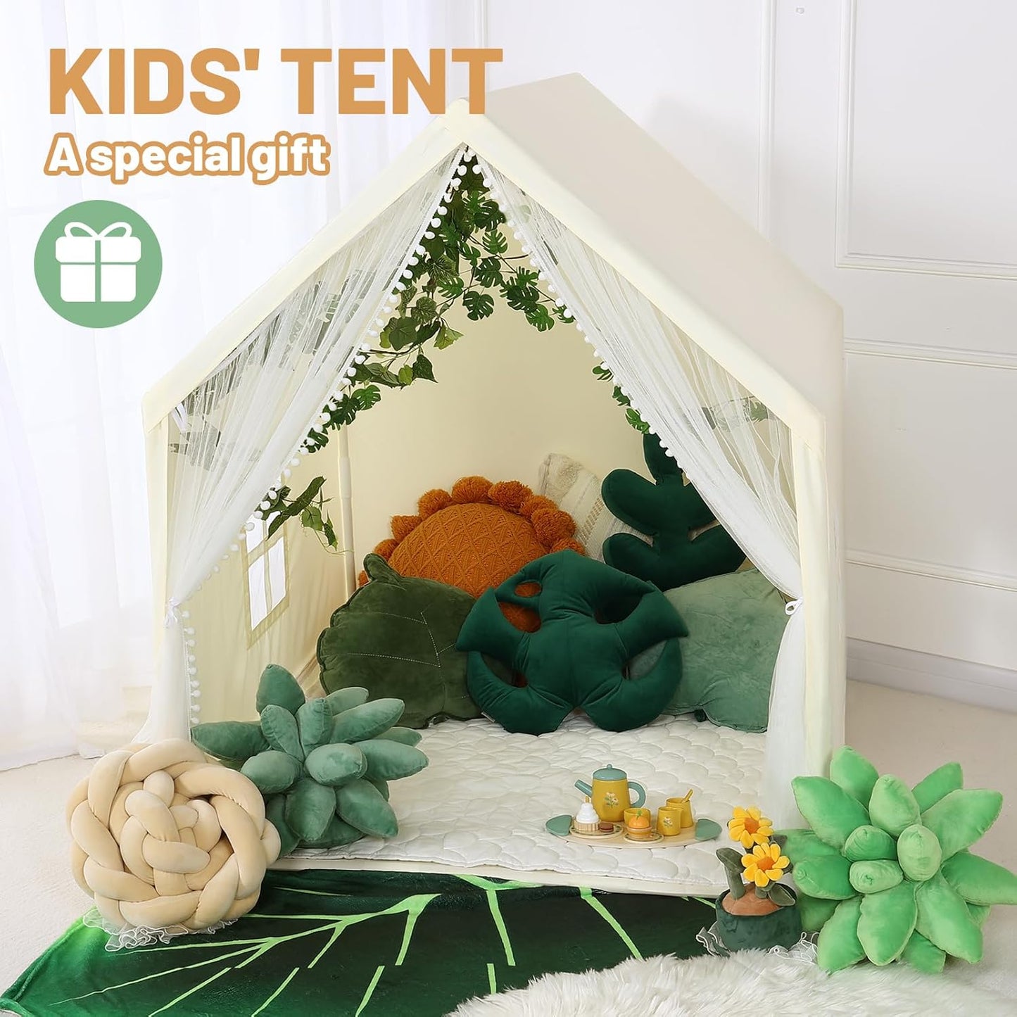 Wilwolfer Kid Tent with Mat, Star Lights - Kids Play Tents for Toddlers Kids Tents Indoor Playhouse - Princess Tent for Girls Toy House Gift (Beige with Mesh)