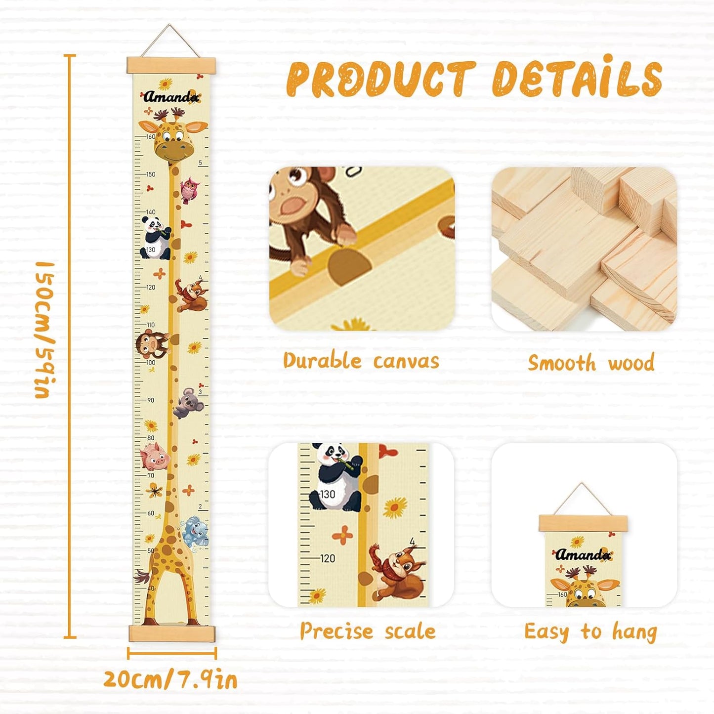 Personalized Name Growth Chart Wall Decor for Kids – Canvas Removable Height Chart Measuring Ruler 59" x 7.9" (Giraffes)