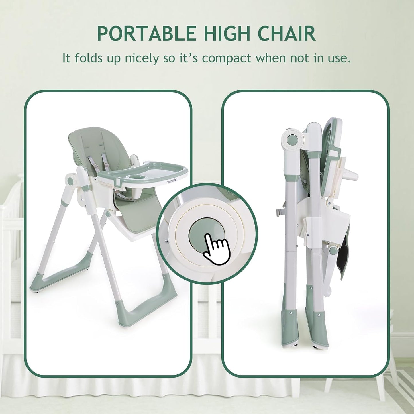 3 in 1 Baby High Chair with Wheels, Adjustable 5 Point Harness, Tray, Foot Rest, Backrest and Seat Height, Foldable High Chair for Toddlers, Green