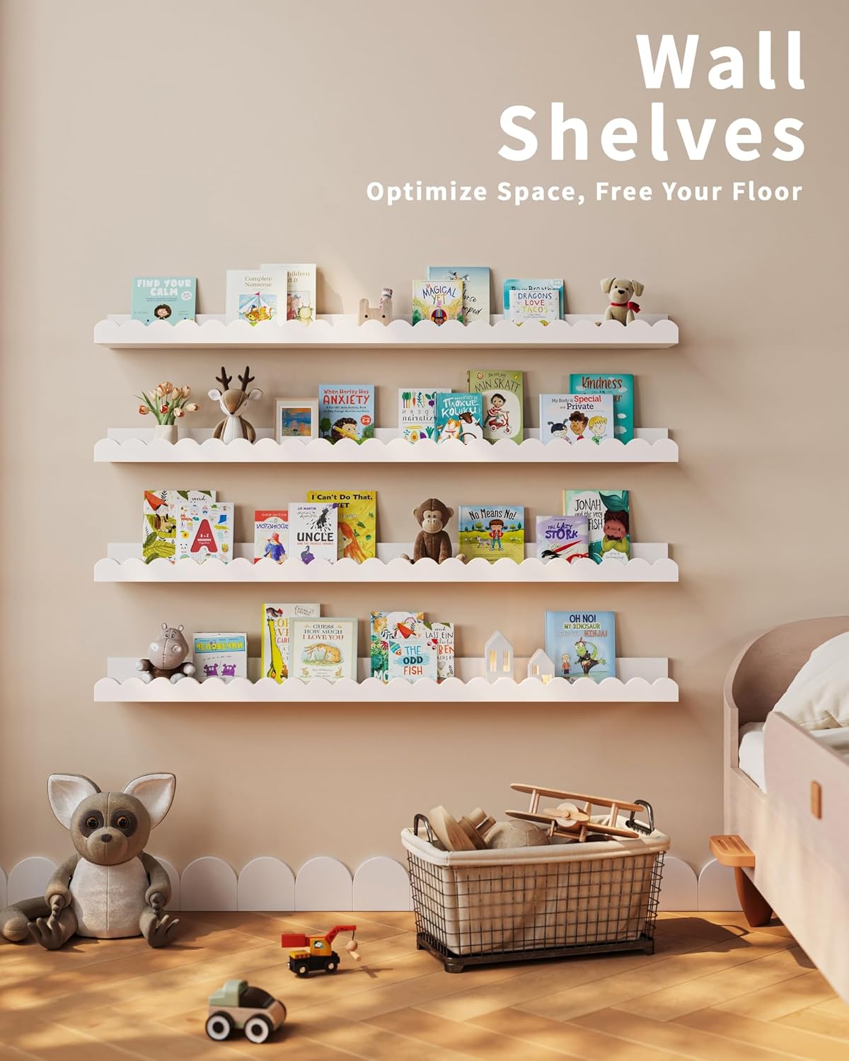 Nursery Book Shelves, 4-Pack White Floating Shelves for Wall Kids, Scalloped Shelves, Wall Book Shelves for Bedroom Kids, Toddler Room, Baby Room, Nursery Decor (White, 36 Inches)