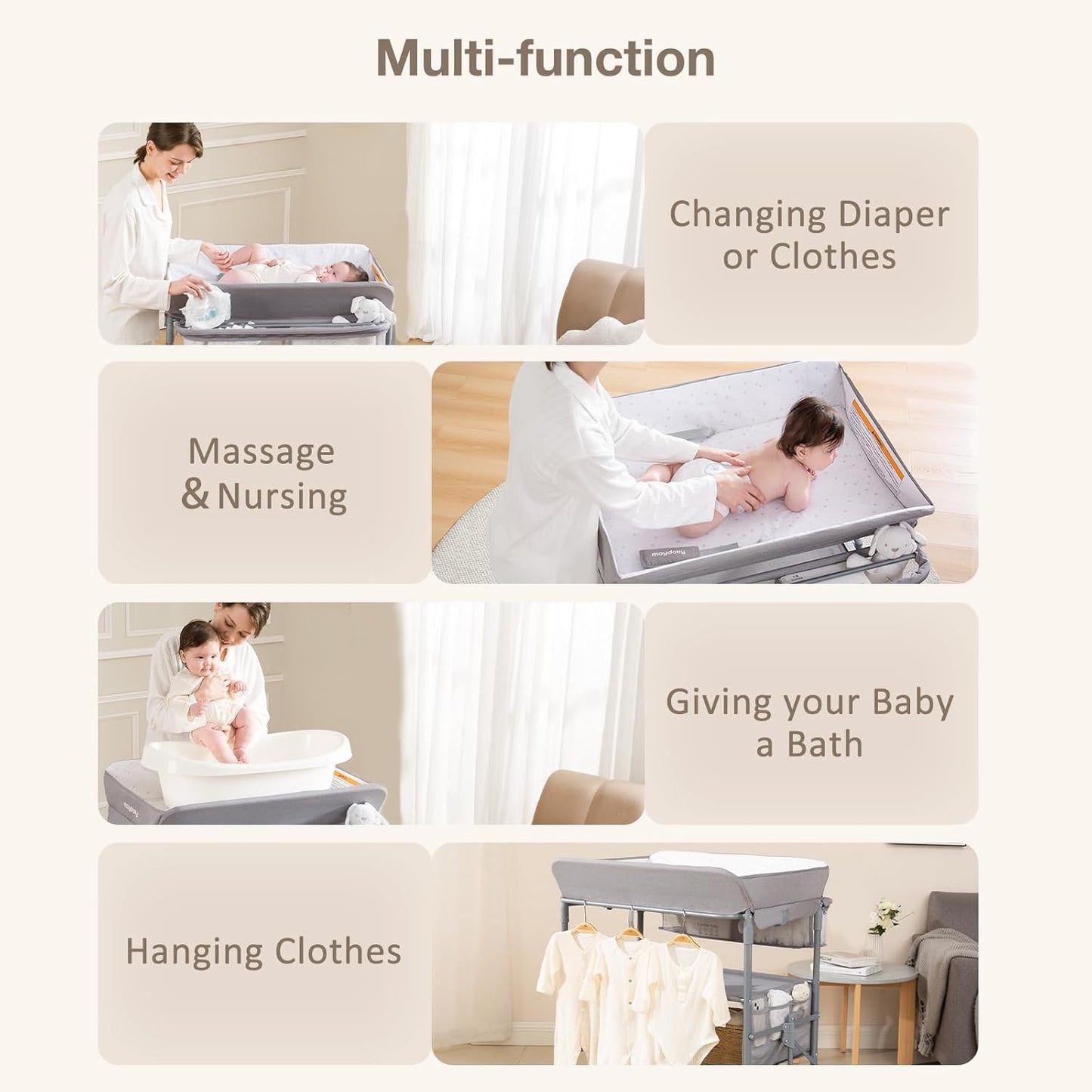 Maydolly Baby Changing Table, Portable Folding Changing Table with Wheels, Waterproof and Adjustable Height, Premium Diaper Changing Station with Two Drawers, Mobile Nursery for Newborn (Grey)