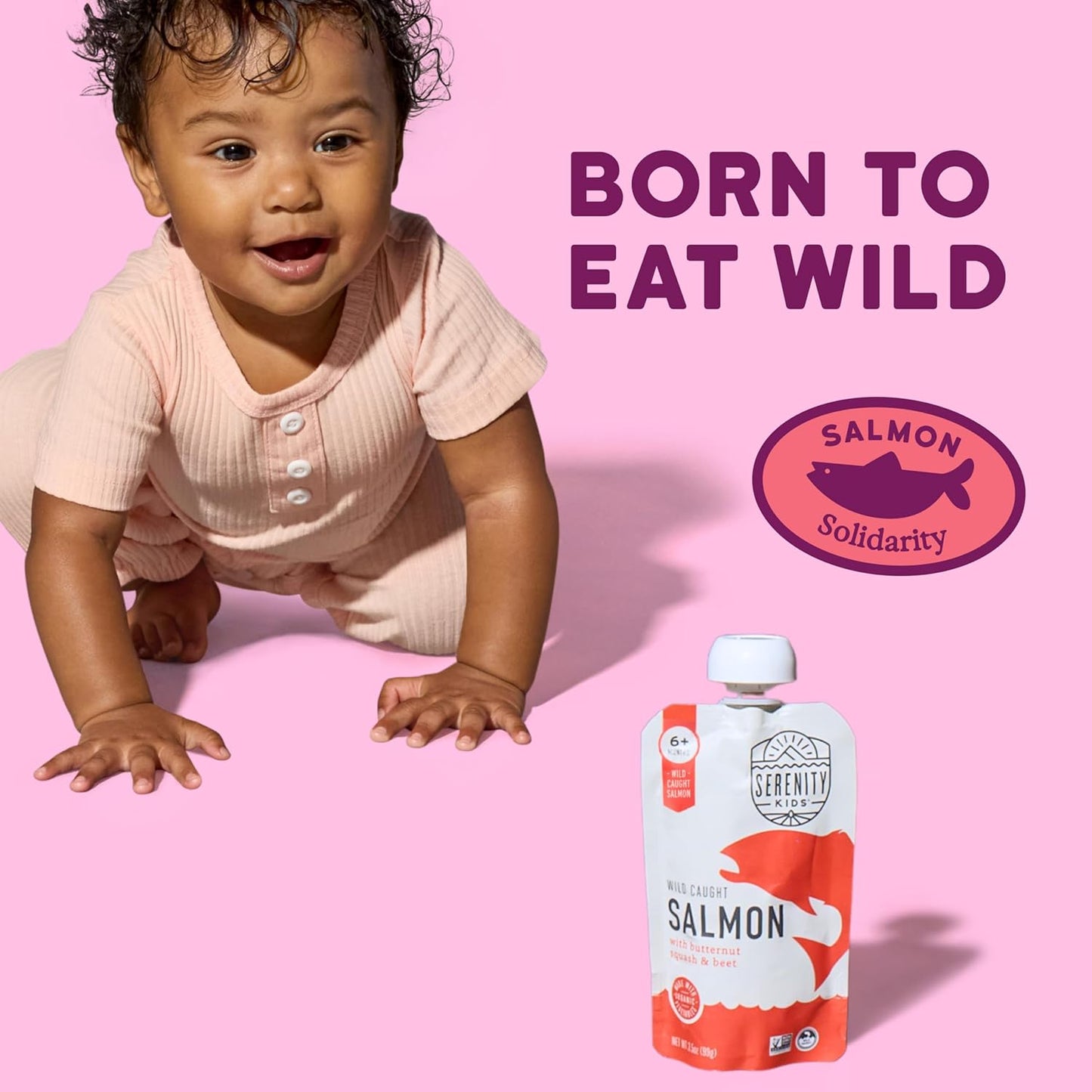 Serenity Kids 6+ Month Salmon Baby Food Pouches - Wild-Caught Salmon & Organic Butternut Squash & Beet Puree - BPA-Free Food Pouches for Baby - 3.5 Oz, 12 Pack