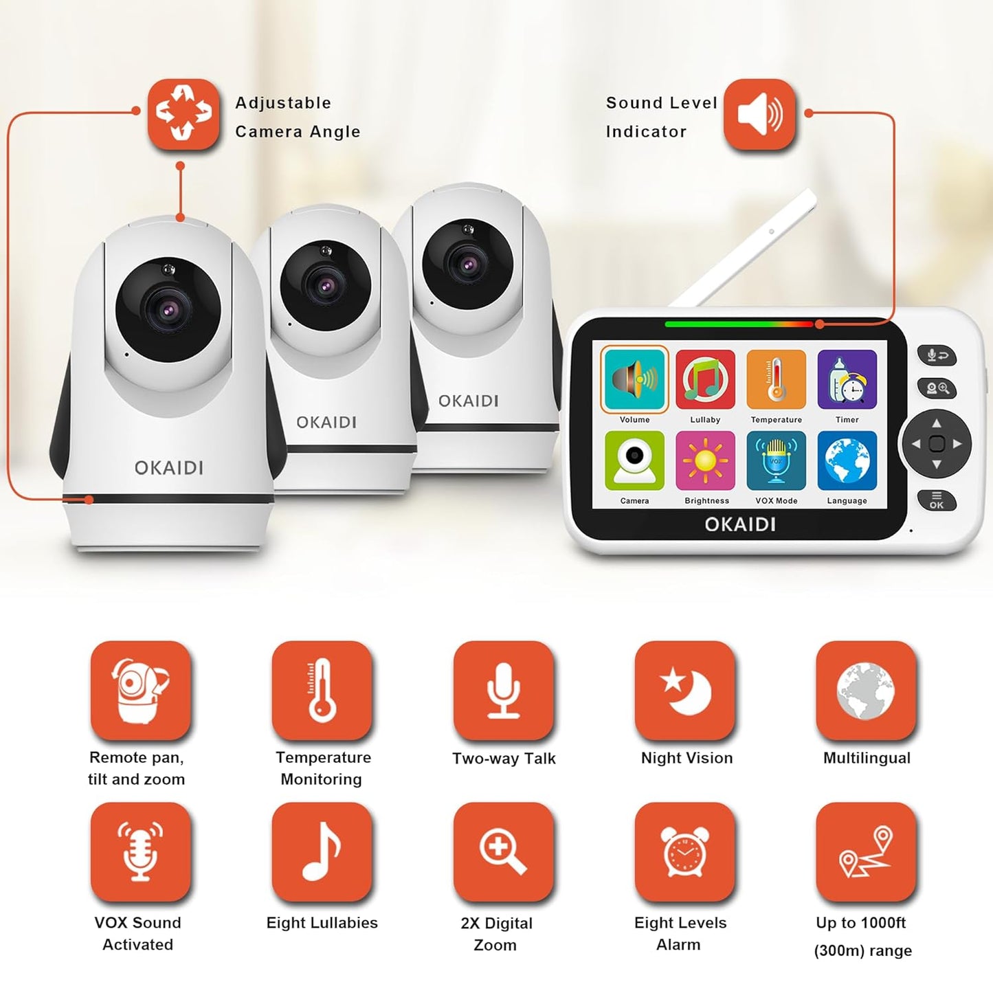 Video Baby Monitor with 3 Cameras, 5" Display Baby Monitor No WiFi, 30H Battery and 1000ft Range, 2-Way Talk, 8 Lullabies, Remote Pan-Tilt-Zoom Baby Camera for Baby/Pet/Elderly