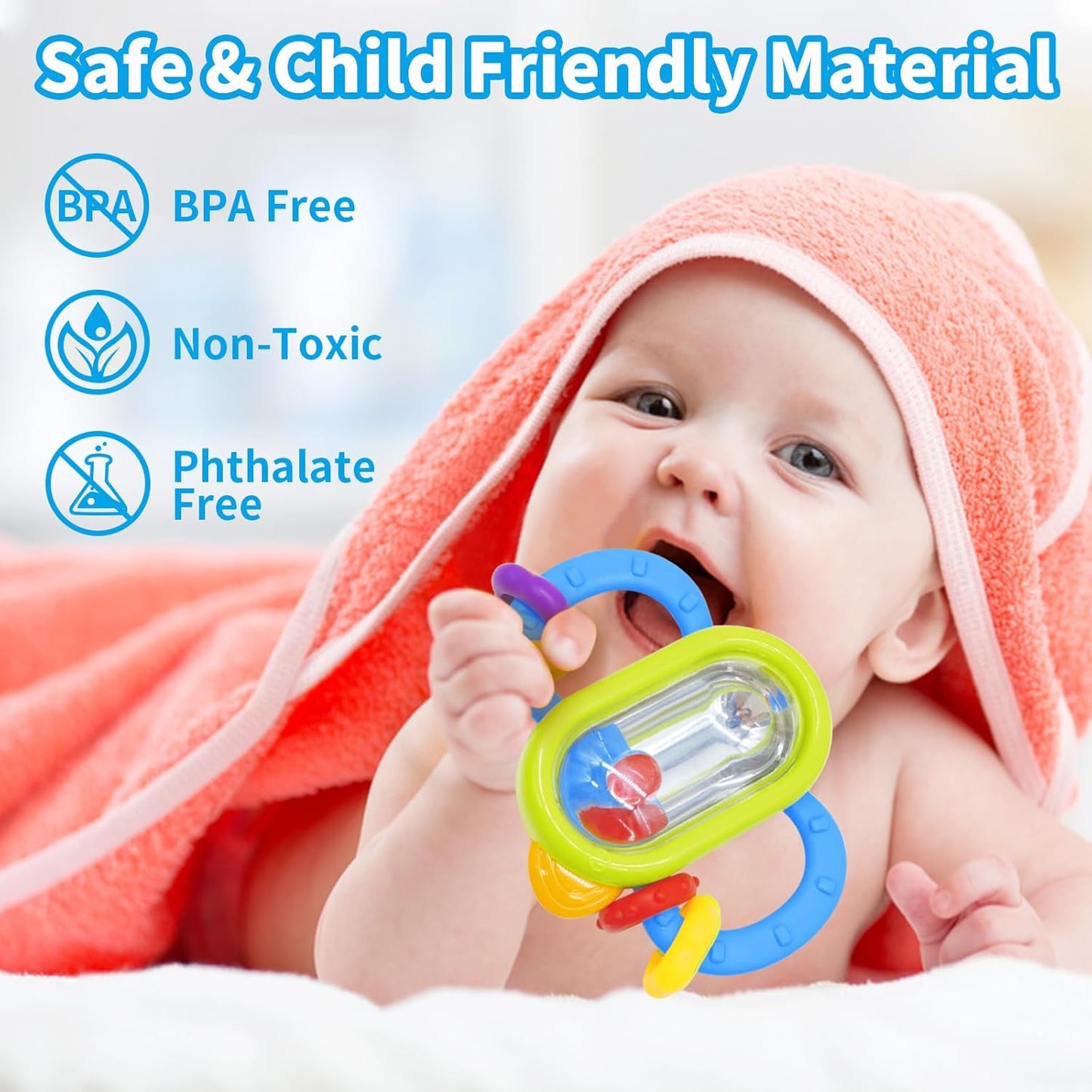 MOONTOY 7pcs Baby Rattles Toy Set, Baby Toys 0-6 Months Infant Toys 6-12 Months Teethers for Babies 3-6 Months Easter Basket Stuffers, Sensory Teething Toys 0 1 2 3 4 5 6 Month Newborn Boy Girl Gifts