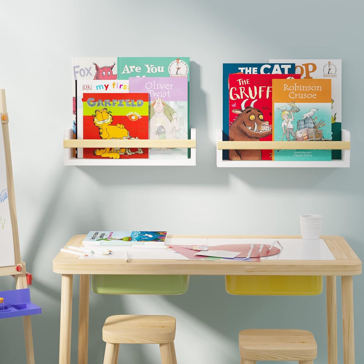 Wallniture Florida 24 inch Wall Bookshelf for Kids Room, Floating Shelves Nursery Decor, Wood White Wall Shelf Set of 2 Kitchen, Bathroom Decor (16'')