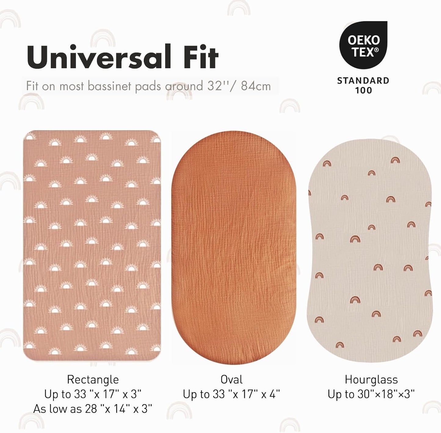 Gllquen Baby Muslin Bassinet Sheets 3 Pack, Breathable Elastic Cozy Fitted Cotton Bassinet Mattress Sheet for Baby Boy Girls, Fit for Hourglass Oval Rectangular Cradle Pad Sheets 33"x17"(Rainbow)