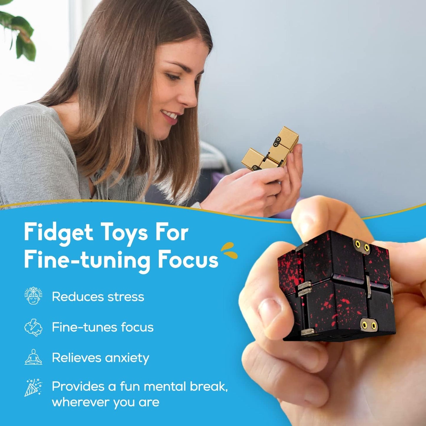 PILPOC theFube Infinity Cube Fidget Desk Toy - Aluminum Infinite Magic Cube with Case, Sturdy, Heavy, Relieve Stress and Anxiety, for ADD, ADHD, OCD (Gold)
