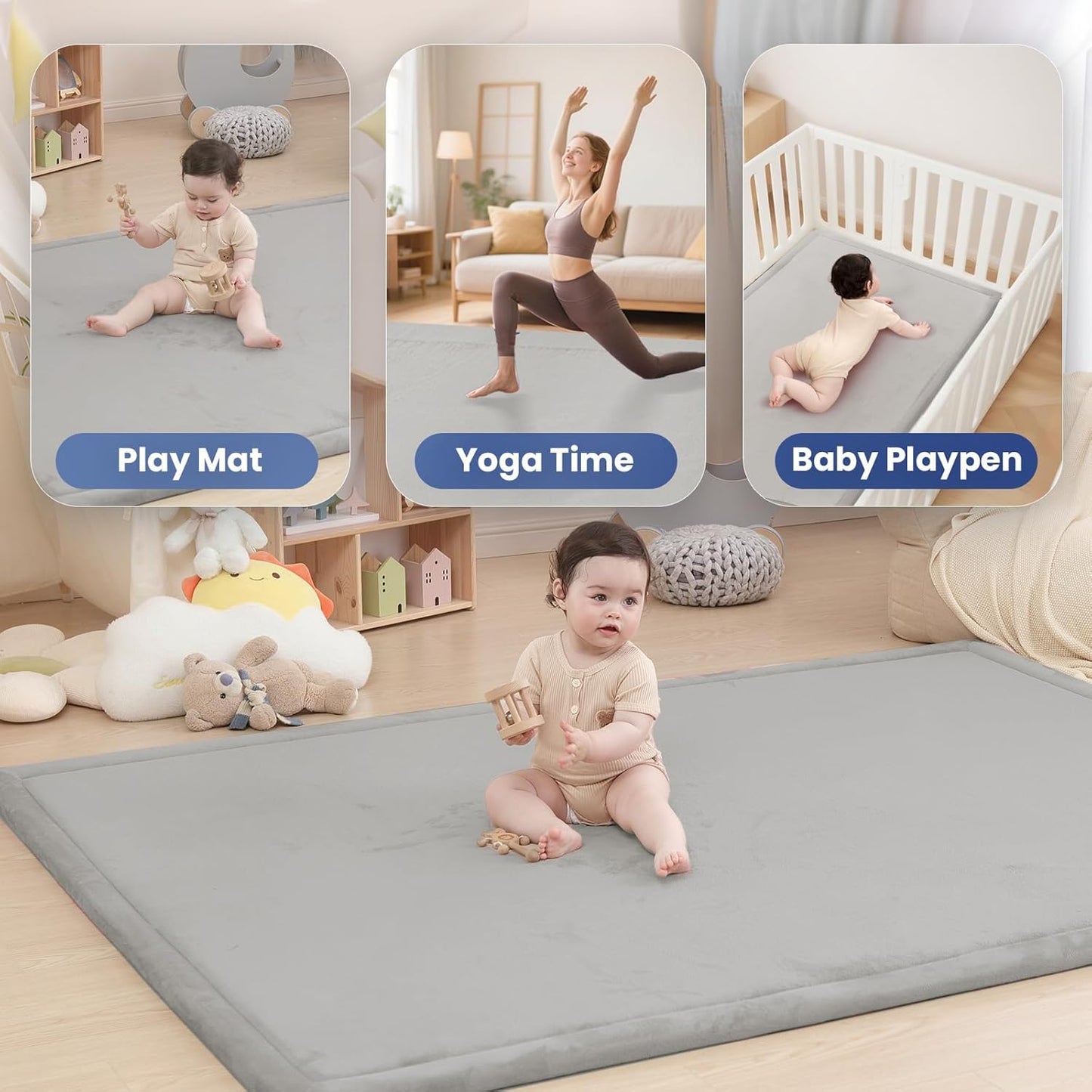 Baby Play Mat for Floor,1.3" Thick Elasti-Foam 74×50 Playpen Mat for Toddlers Infant Kids,Water-Repellent Soft Coral Velvet for Tummy Time, Non-Slip Backing for Crawling,Tatami Style(Light Grey)