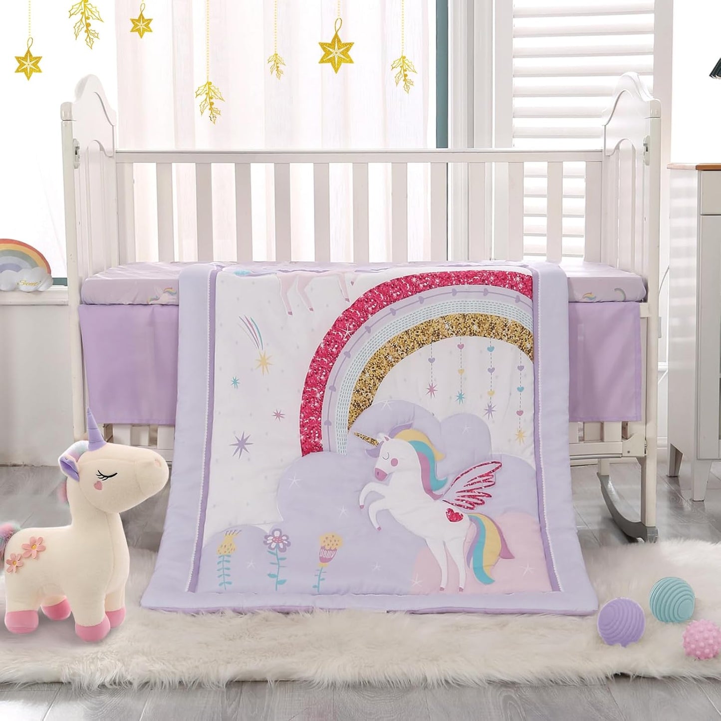 Wowelife Mini Girl Crib Bedding Set, 3 Piece Unicorn Mini Crib Comforter Set, Baby Girl Nursery Bedding Set Include Breathable Comforter, Crib Skirt and 38x24 Sheet, Purple