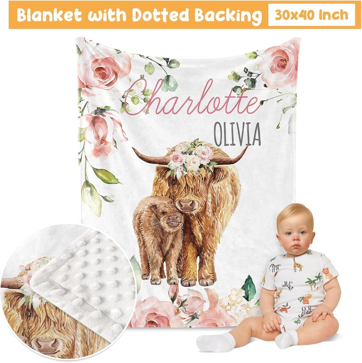 Custom Crib Bedding Set - Highland Cow Design Personalized Name Baby Nursery Bed 3 Pcs Set - Chic Soft Blanket with Dotted Backing, Sheet, Pillowcase for Newborn Girls Boys Gifts Color02