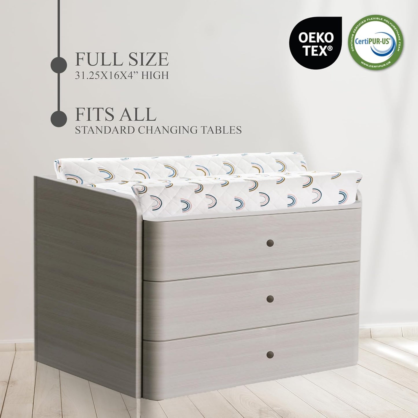 Organic Cotton Contoured Baby Changing Pad w/Waterproof Foam Mattress, Includes Soft, Removable & Washable Cover, Safety Strap, Non-Slip Bottom, Topper for Standard Size Infant Diaper Table & Dresser