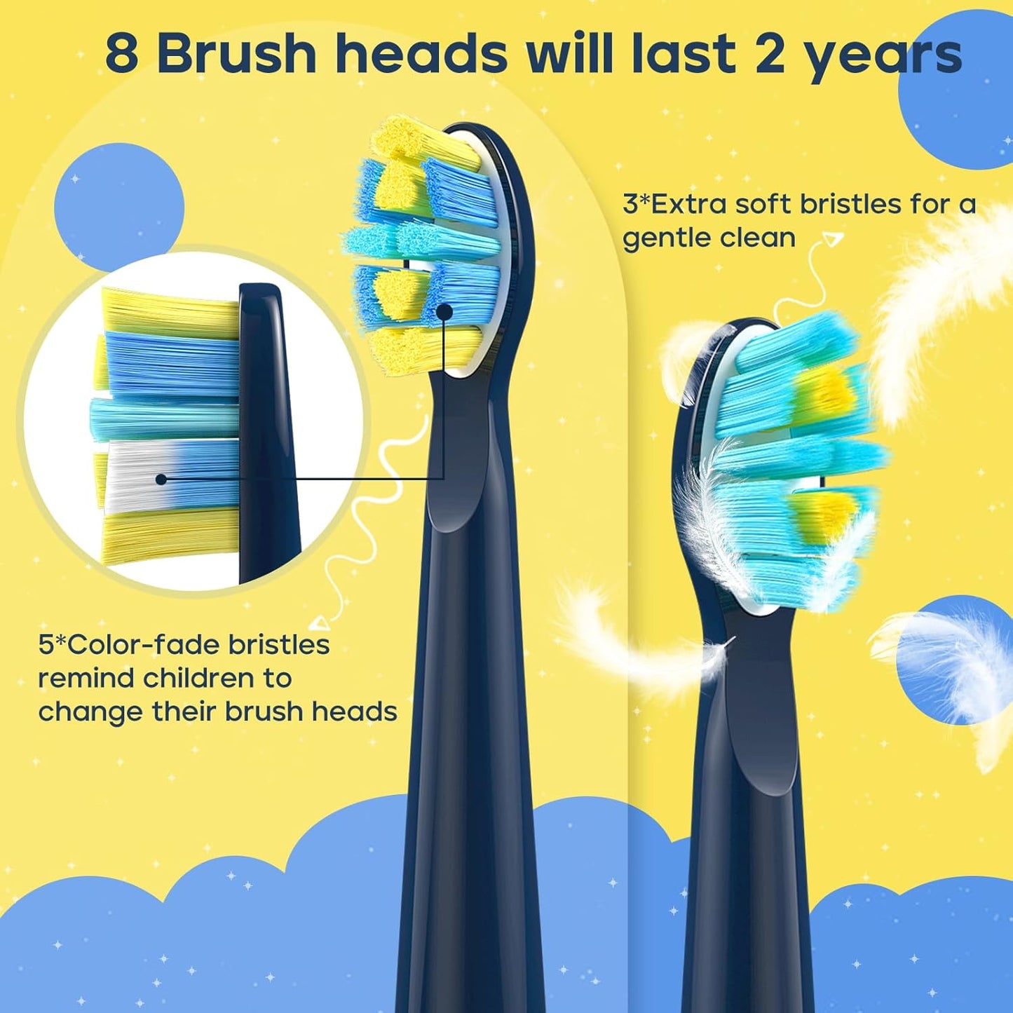SEAGO Kids Electric Toothbrush, Rechargeable Sonic Soft Bristle Toothbrushes with 8 Brush Heads, DIY Stickers and 5 Modes, Ideal for Kids and Children, Ages 3–12，SG2303(Navy)