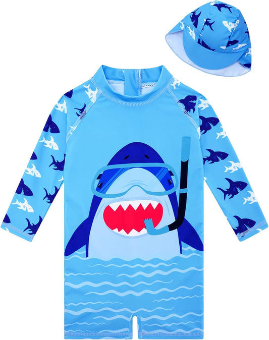 uideazone Baby Boys One Piece Swimsuit Long Sleeve UPF 50+ Rash Guard Bathing Suit Swimwear with Sun Hat 0-24 Months