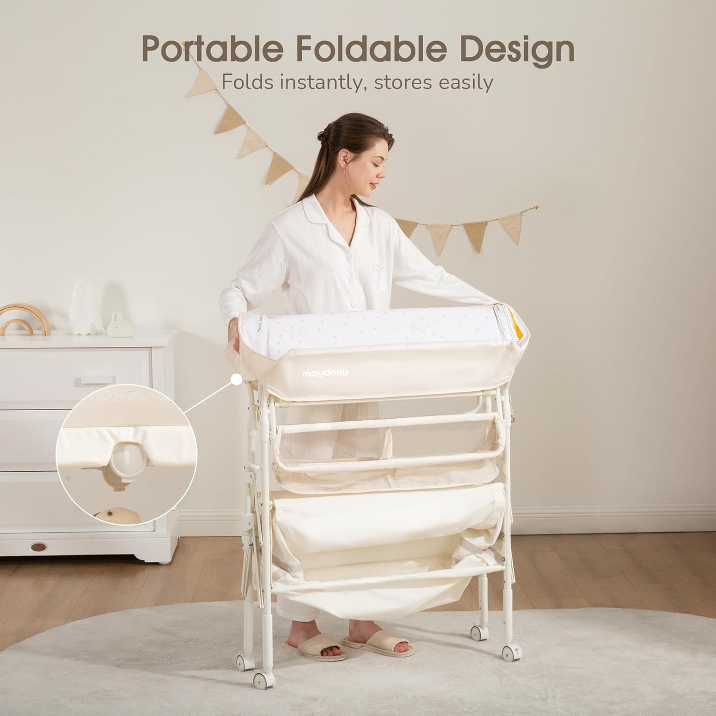 Baby Changing Table with Wheels, Maydolly Portable Foldable Changing Table, Waterproof Diaper Changing Station, Adjustable Height Changing Station, Mobile Nursery for Newborn and Infant (Beige)