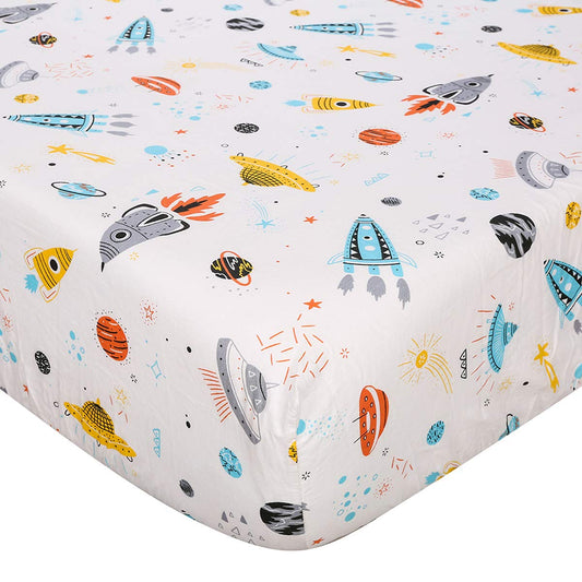 Astronaut Space Galaxy Baby Crib Sheet Outerspace Adventures 100% Soft Breathable Microfiber Baby Sheet Fits Standard Size Crib Mattress 28in x 52in Nursery Sheet -by UOMNY