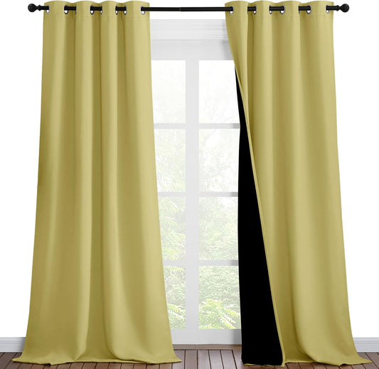 NICETOWN 100% Blackout Blinds, Set of 2, 46 inches x 96 inches, Laundry Room Decor Window Treatment Curtains for Large Patio Sliding Door, Thermal Insulated Paler Yellow Curtains for Bedroom