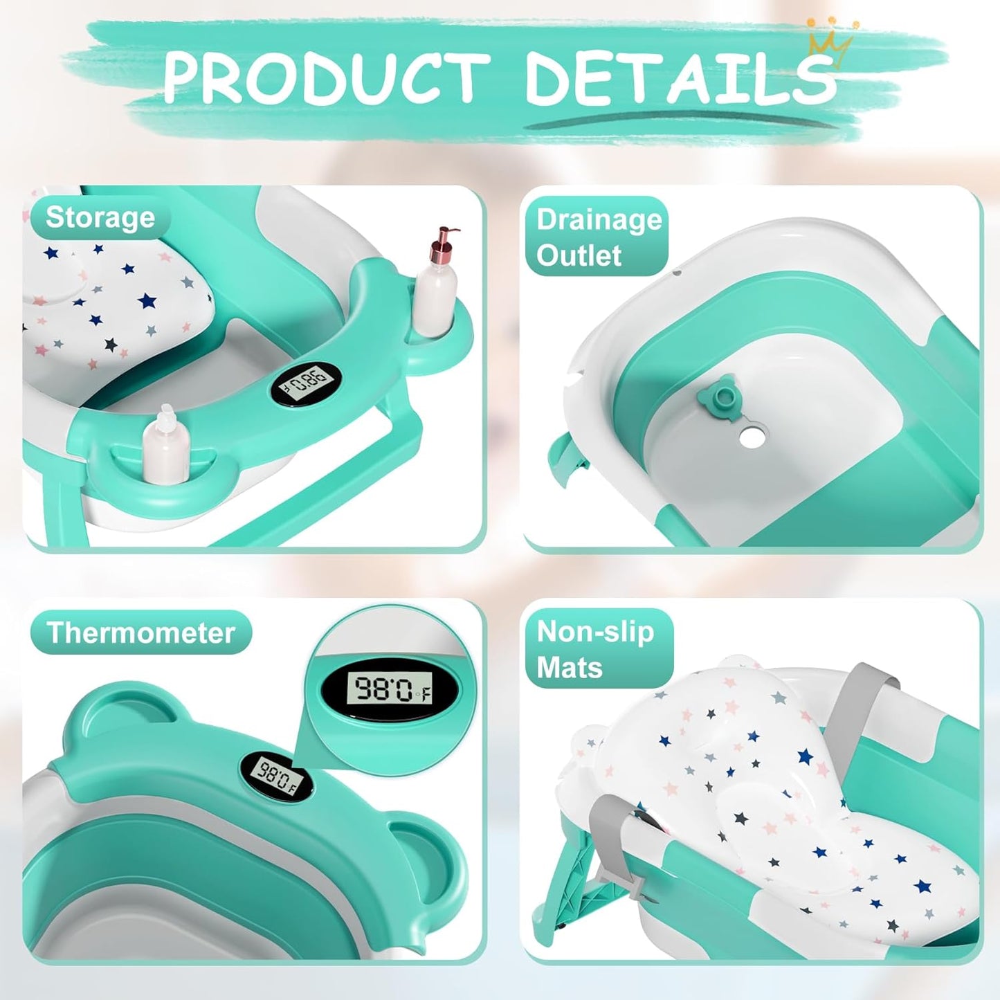 TPN Collapsible Baby Bathtub, Baby Bath Tub with Soft Cushion & Real-Time Thermometer, Baby Bathtub Infant to Toddler Tub (0-36 Months), Portable Newborn Travel Bath tub