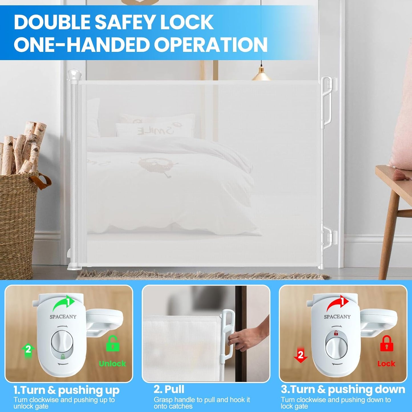 Retractable Safety Baby Gate or Mesh Dog Gate,Durable Portable Mesh Retractable Gate,Easy to Use for Stairs, Doorways, Hallways, Indoor, Outdoor, 33.5" Tall, Up to 65" Wide, White