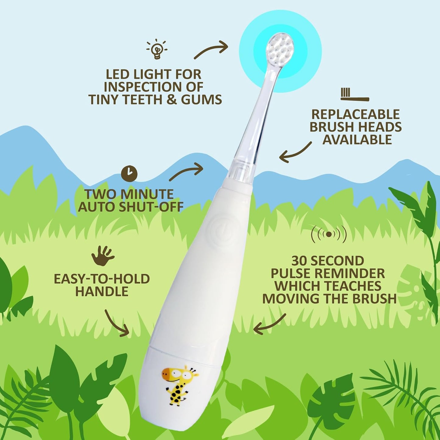 Jack N' Jill Tickle Tooth Sonic Electric Toothbrush with Replacement Head - Gentle Cleaning, Made for Tiny Teeth, LED Inspection Light, for Babies & Kids, Extra Soft Bristles - (1 Pack)