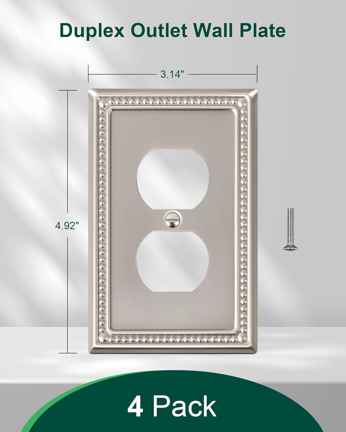 4-Pack Duplex Outlet Cover Plate, Metal Wall Plates for Electrical Outlets, Brushed Nickel 1 Gang Receptacle Cover, Pearls Decorative Switch Plates and Outlet Covers