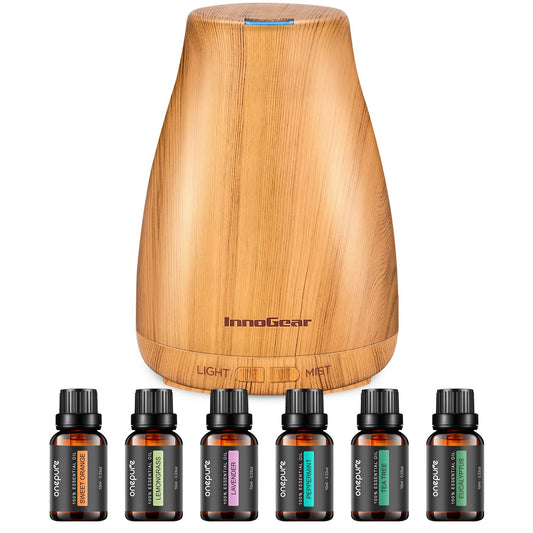 InnoGear Essential Oil Diffuser with Oils, 100ml Aromatherapy Diffuser with 6 Essential Oils Set, Aroma Cool Mist Humidifier Gift Set, Yellow Wood Grain