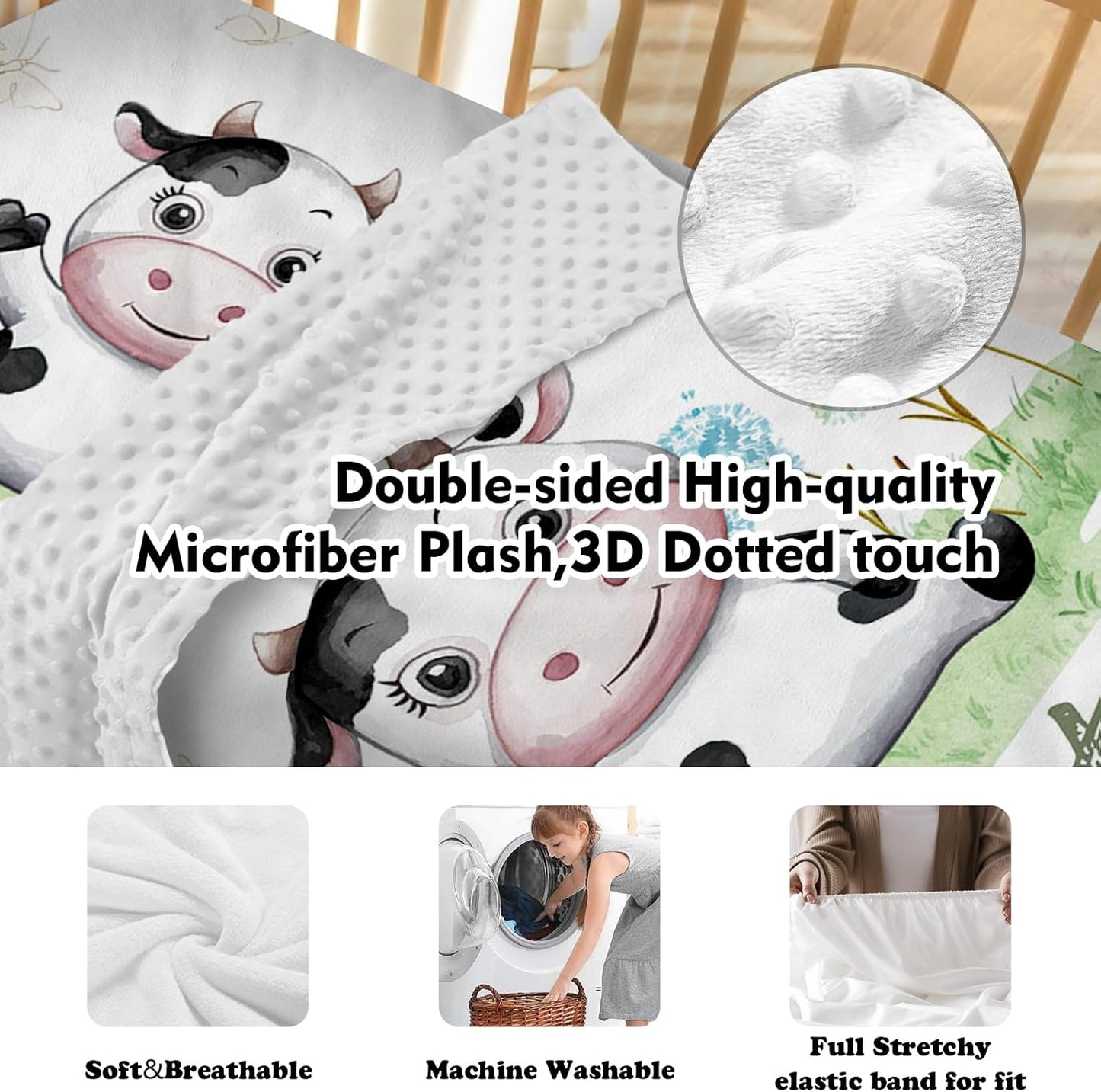 Personalized Baby Crib Bedding Set, 5-Piece Cows Design Baby Crib Sets with Custom Name, Toddler Double Layer Blanket Fitted Sheets Changing Pad Cover Rug Wall Art Set, Charming Nursery Decor