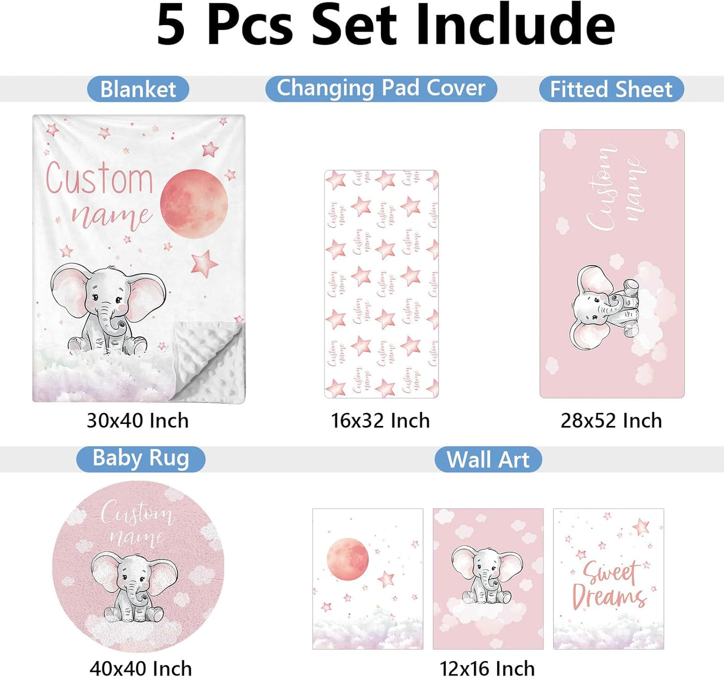 Personalized Nursery Bedding Set, 5 Pcs - Custom Baby Girl Elephant Bedding, Toddlers Bedding Set with Name, Double Layer, Customized Gift for Infant Kid