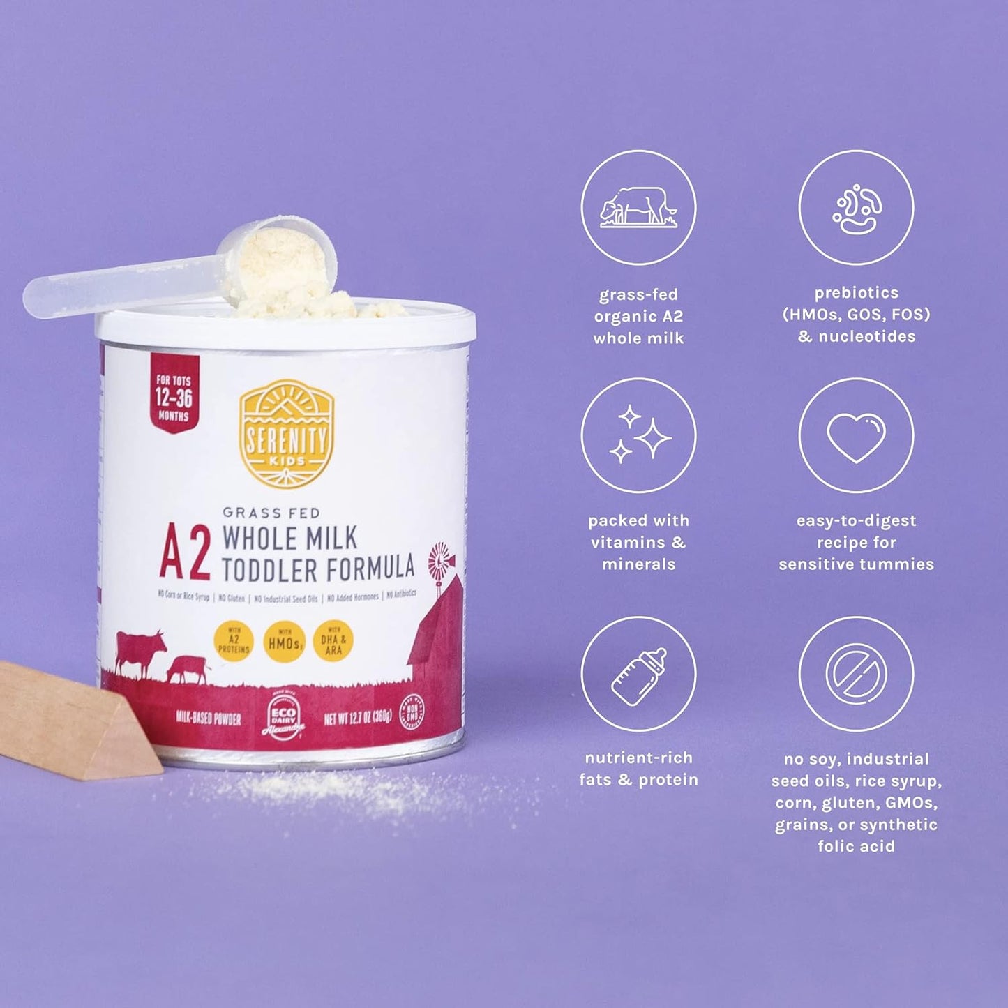 Serenity Kids 12+ Months Toddler Formula with Grass-Fed A2 Milk Powder - Organic Powdered Milk - Easy to Digest & Prebiotic Boost - DHA & ARA Support - 12.7 Oz, 6 Pack