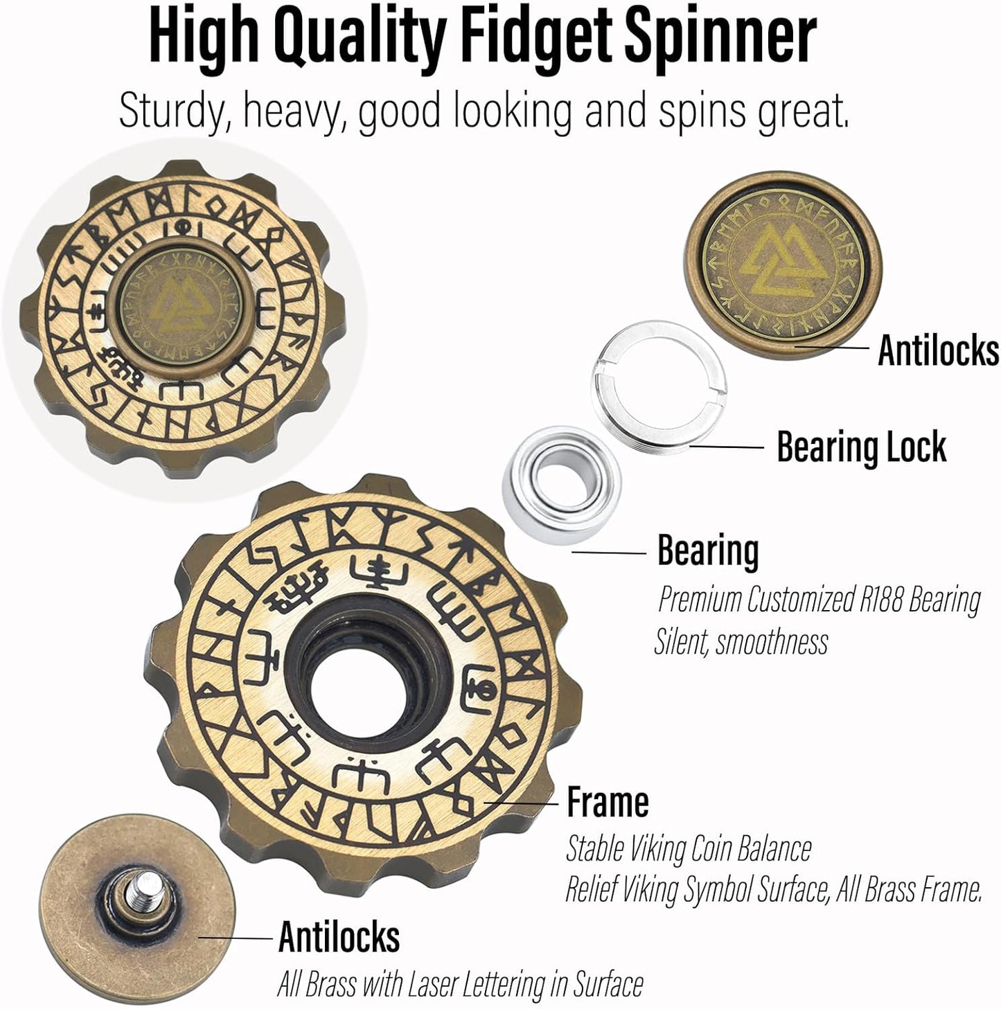 Freelove Viking Pirate & Gossip Design Fidgets Spinners, Copper Metal Spinner Fidget Toy Prime for Adults, Premium Bearing for 4~6 Mins, Autism Sensory ADHD Anxiety Stress Reduce Figet Spiner, Brass