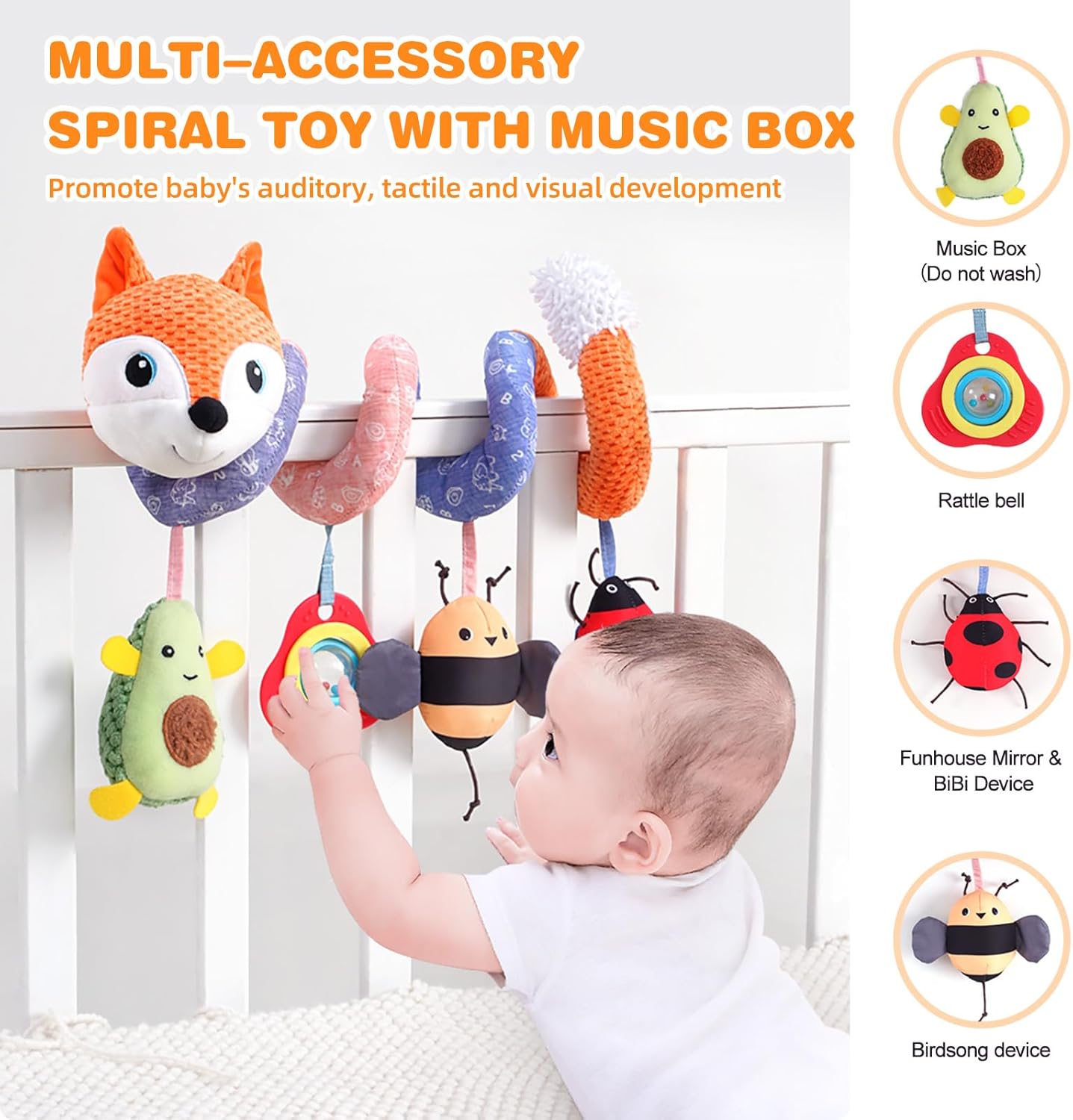 Jollybaby Baby Car Seat Stroller Toys, Plush Activity Hanging Spiral Activity Pram Crib with Music Box, Rattles, Squeaker for Babies Infant Boys Girls(Orange Fox)