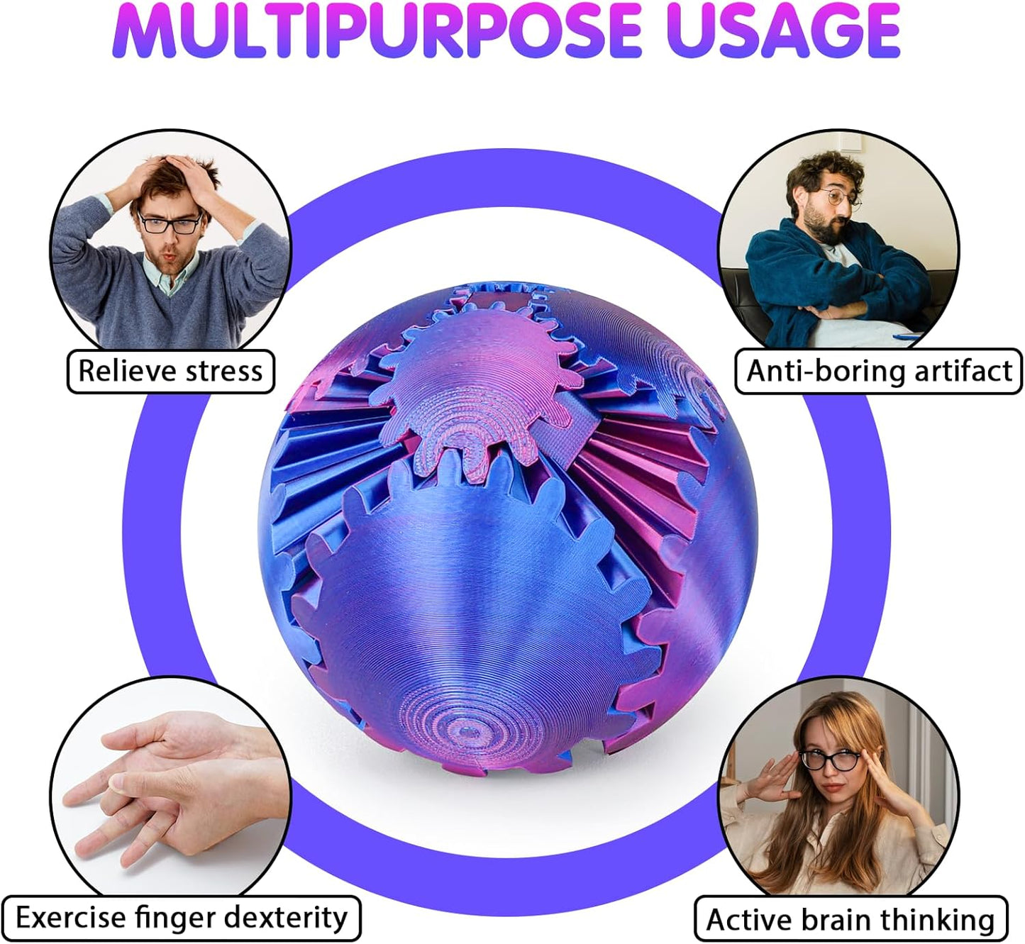 Gear Ball Fidget Toy - 3D Printed Stress Relief Spinner, Educational and Fun Gift for Kids & Adults, Durable & Eco-Friendly, Ideal for Birthday (Silk Purple)