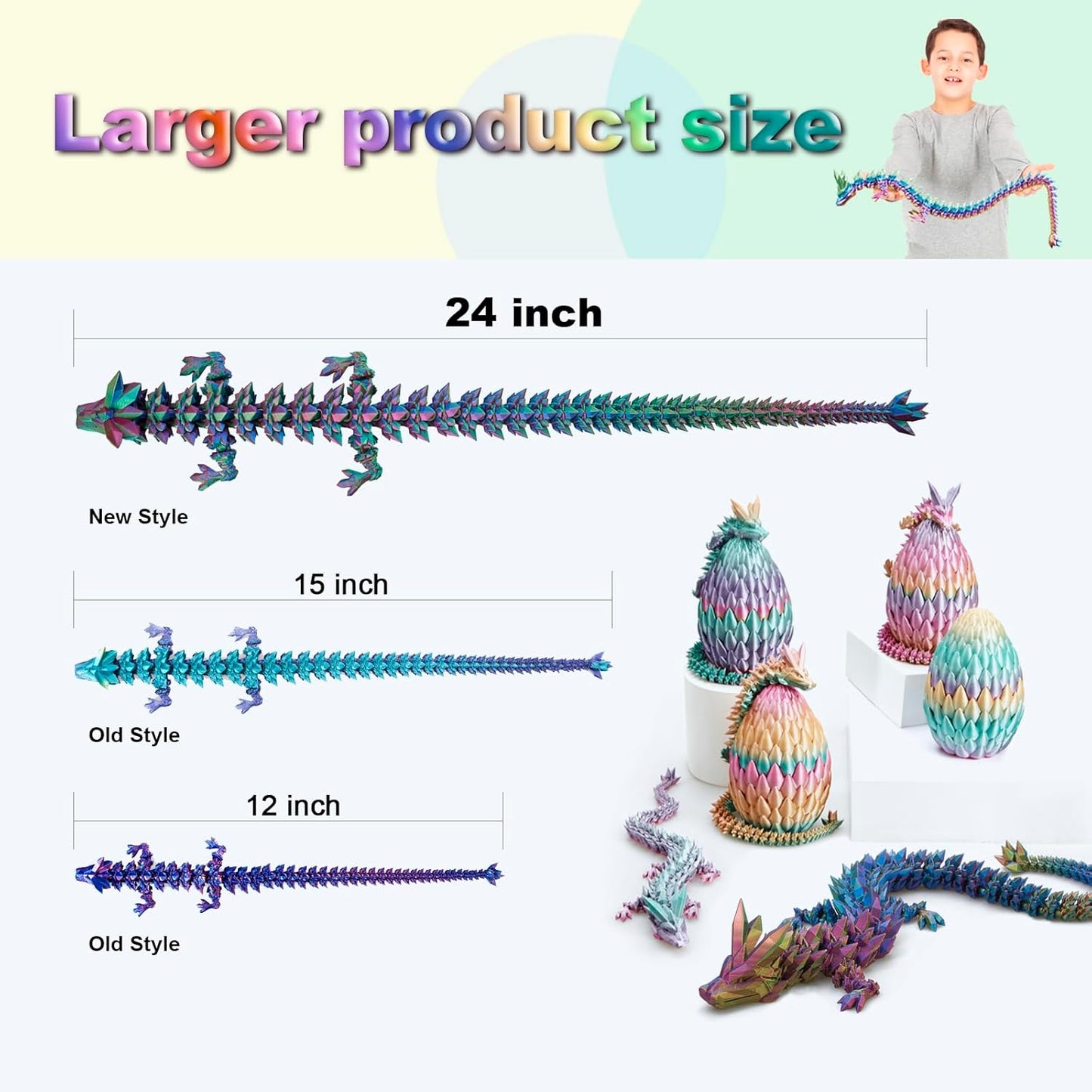 Large 24" 3D Printed Dragon,Articulated Crystal Dragon,3D Dragon Toy,Dragon Collection, Executive Desk Decor (Blue-Green-Purple