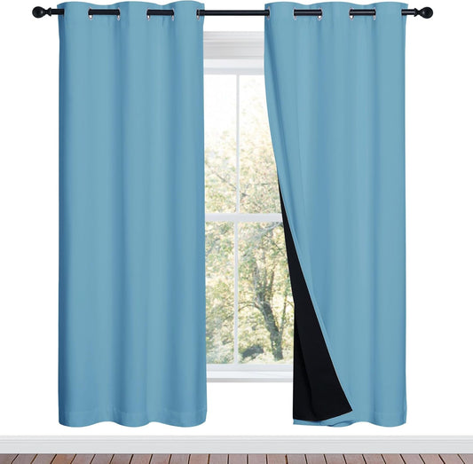 NICETOWN 100% Blackout Window Curtain Panels, Teal Blue, 2 Pieces, 42-inch Wide Per Panel, Full Light Blocking Drapes with Black Liner for Nursery, 72-inch Drop Thermal Insulated Draperies
